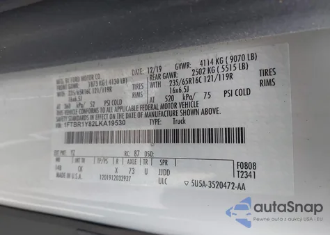 2020 Ford Transit-250 z USA, uszkodzony, nr VIN 1FTBR1Y82LKA19530